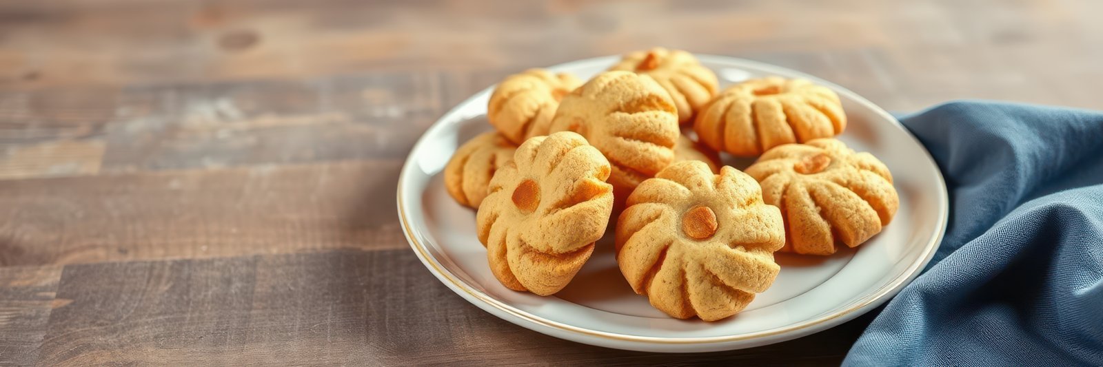 Freshly baked cookies displayed on a plate with a blue cloth in a cozy kitchen setting